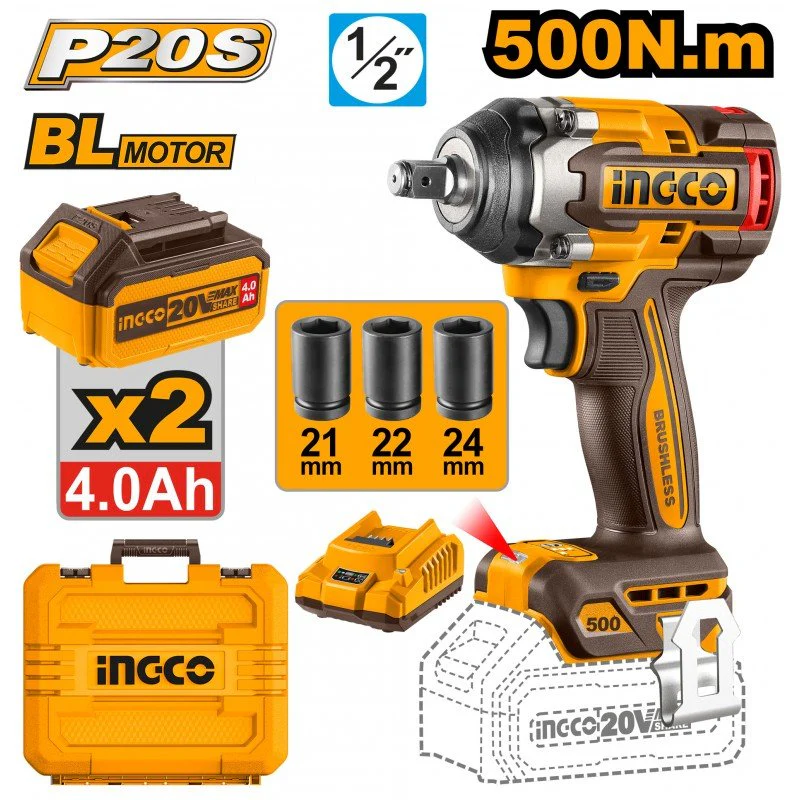 Avvitatore ad Impulsi 500 Nm Brushless 20V con 2 Batterie 4.0Ah e Valigetta