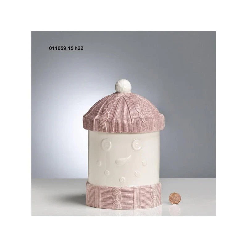 Biscottiera pupazzo neve h.22 bianco e rosa
