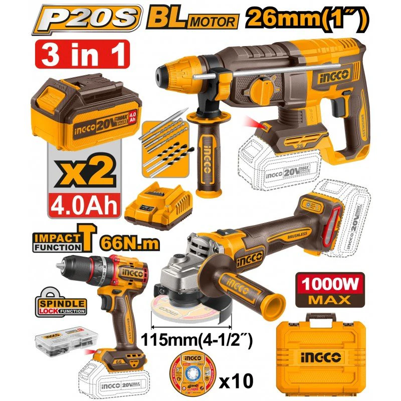 Set elettroutensili a batteria 20V Ingco 3 in 1 con trapano a percussione, smerigliatrice angolare e martello perforatore