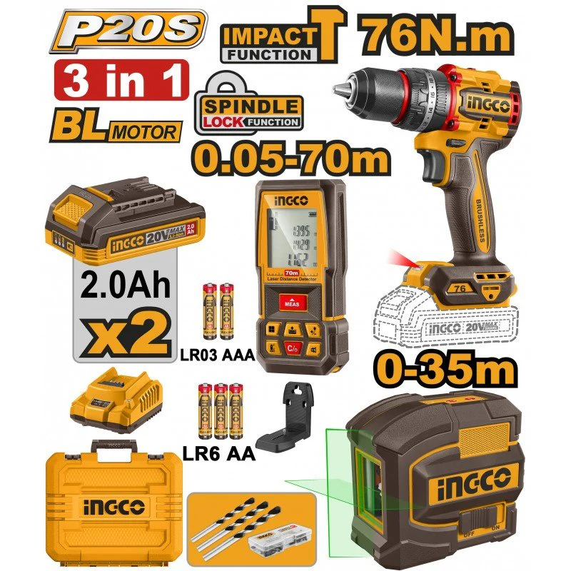 Set Trapano Avvitatore 76Nm + Livella Autolivellante Verde + Distanziometro Laser