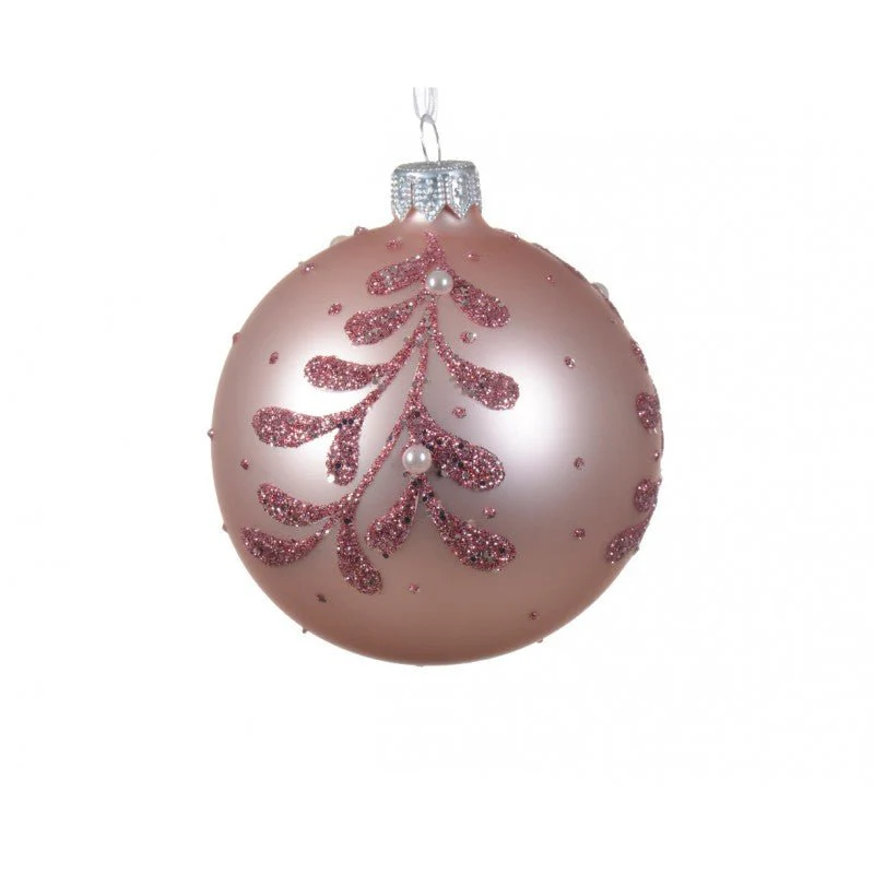 Palla di Natale in vetro rosa cipria con foglie