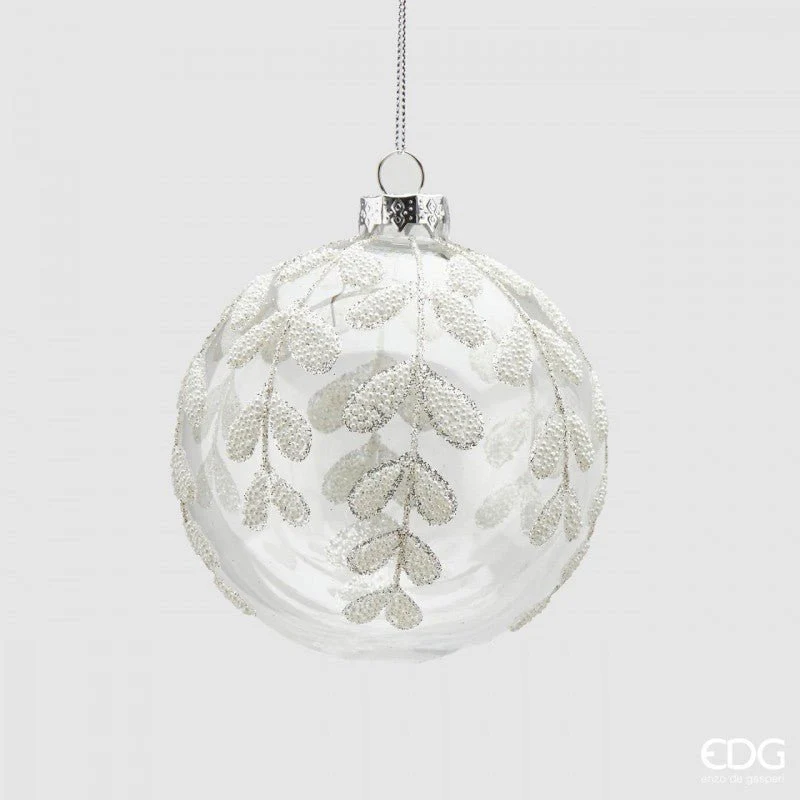 Palla in Vetro con Foglie Diametro 10 cm Bianco|EDG