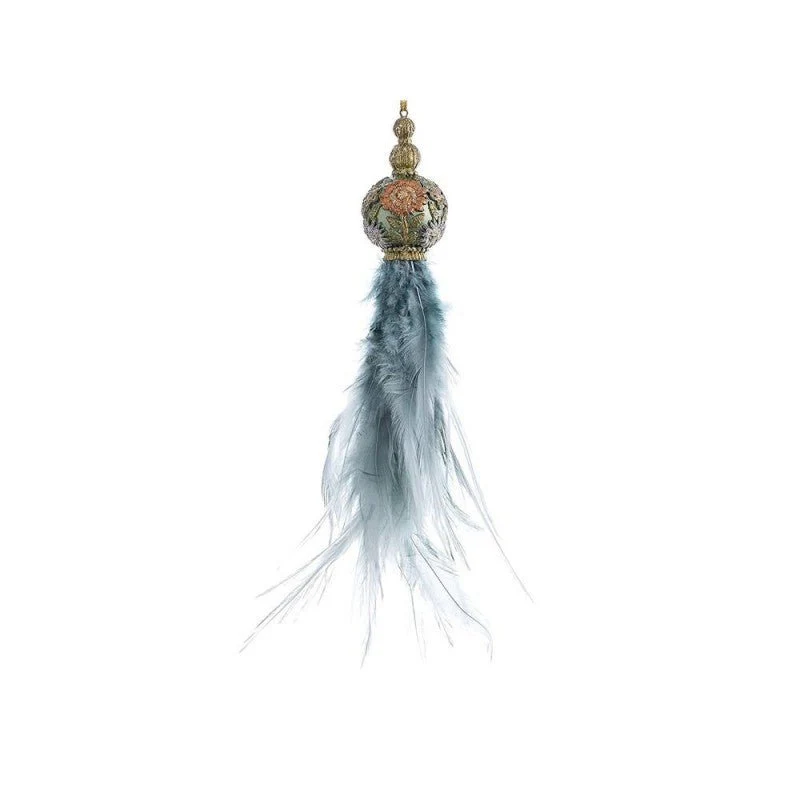 Pendente nappa con piume azzurro decorato a mano