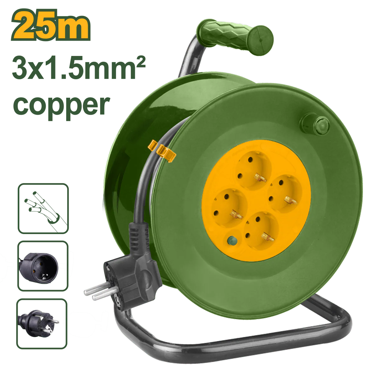 Avvolgicavo elettrico 25 m 3x1,5 mm² con 4 prese e protezione sovraccarico