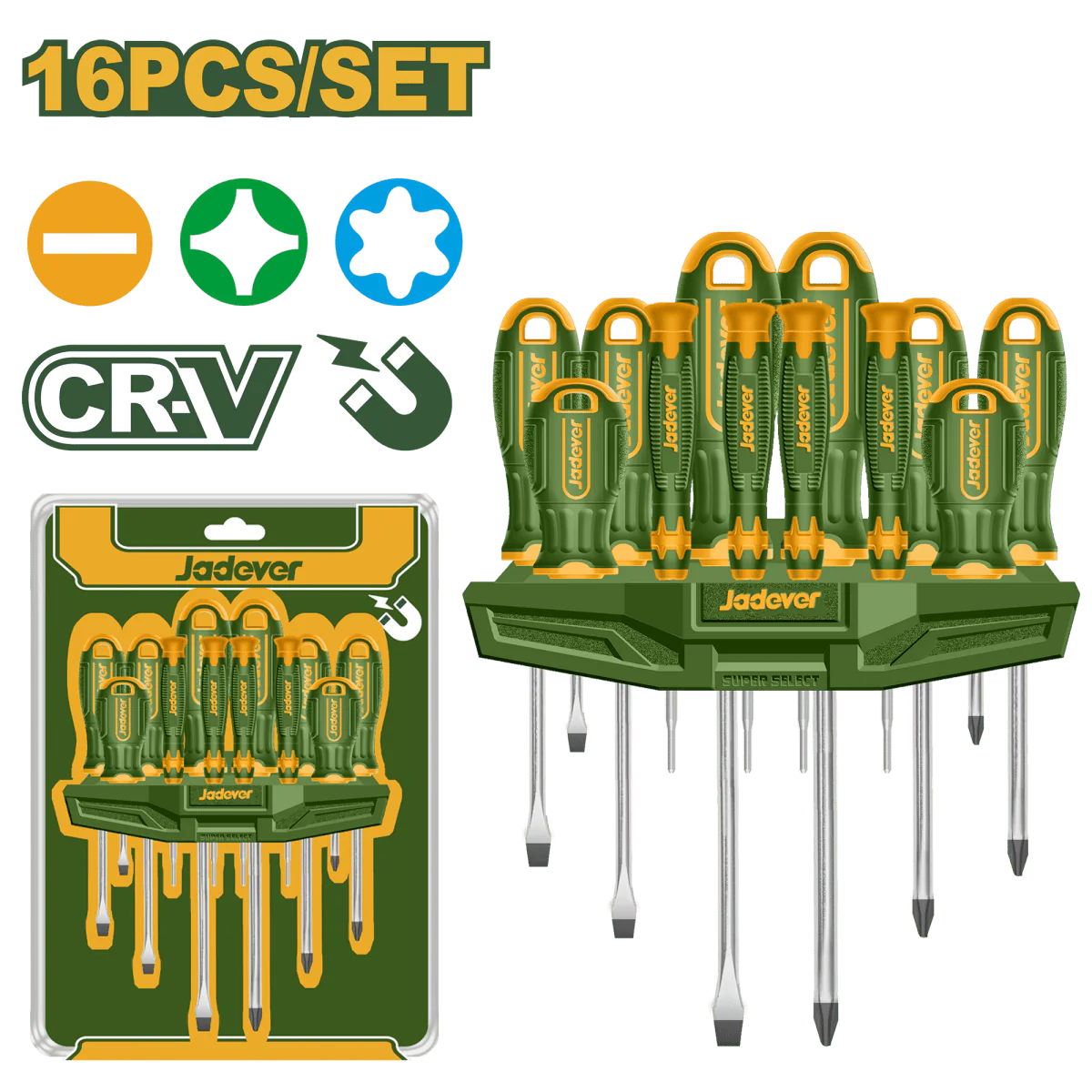 Set Cacciaviti Jadever 16 Pezzi Cr-V Professionali con Support