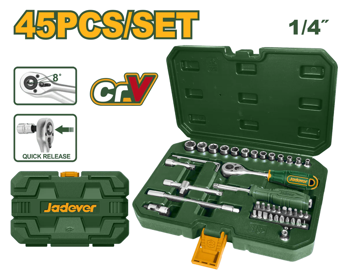Set Bussole Jadever 45 Pezzi 1/4” in Acciaio Cr-V con Cricchetto e Valigetta