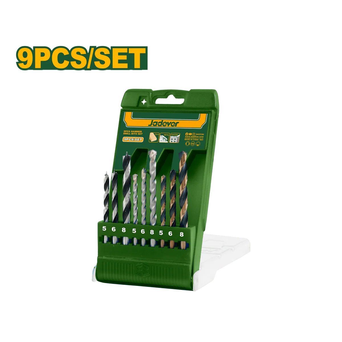 Set Punte Trapano Jadever 9 Pezzi per Metallo, Muratura e Legno 5–6–8 mm