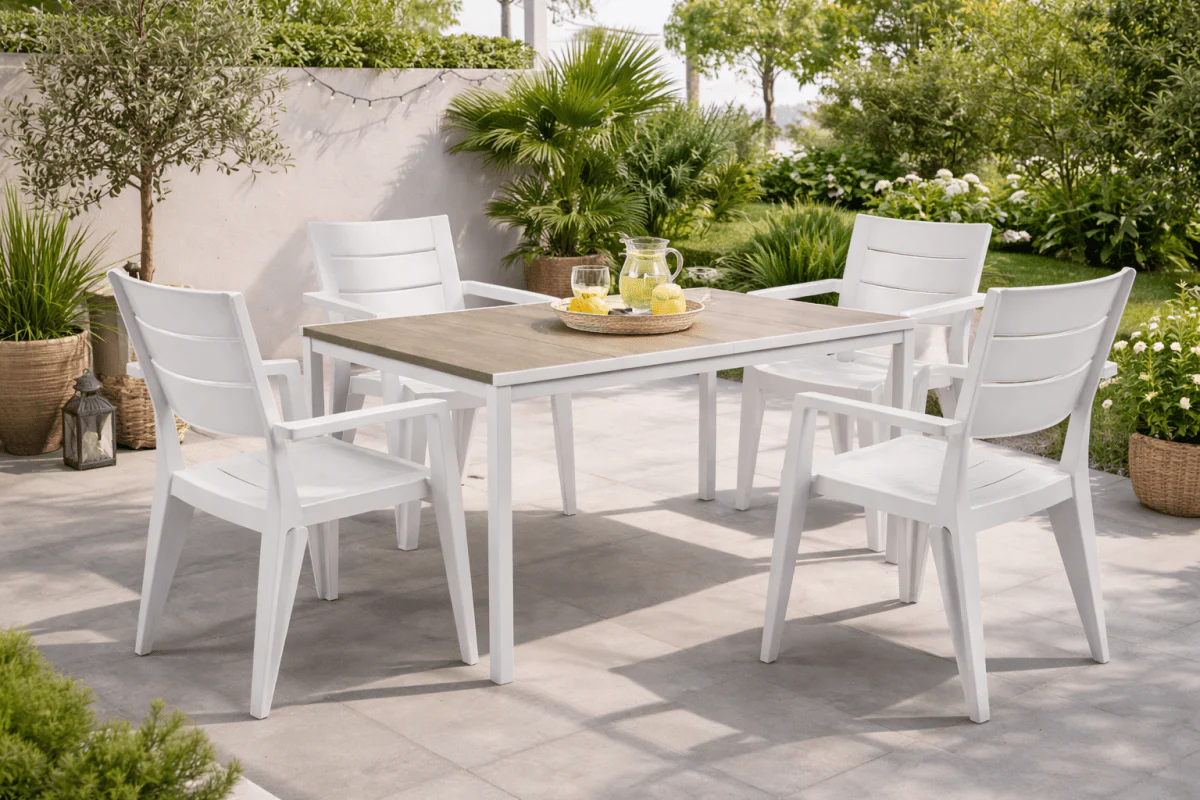 Set da giardino bianco con tavolo effetto legno Porto + 4 sedie Julie | KETER - Image 5