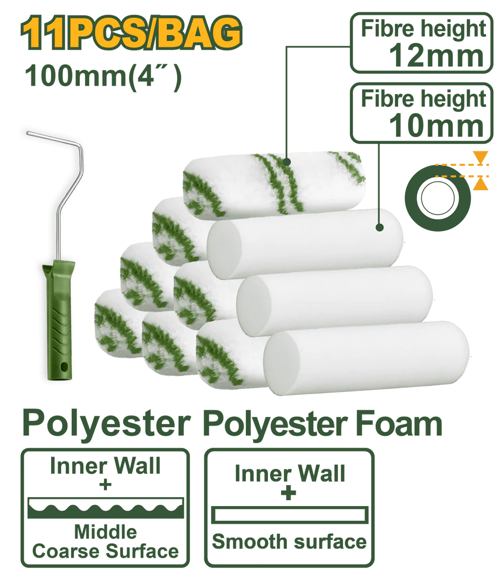 Set rulli per pittura Jadever 100 mm con manico – 11 pezzi per superfici lisce e pareti interne