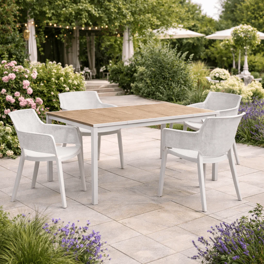 Set da giardino con tavolo effetto legno Porto + 4 sedie Elisa bianche | Keter - Image 2