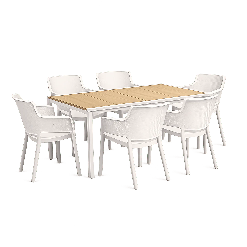 Set da giardino bianco con tavolo effetto legno Porto e 6 poltrone Elisa | KETER