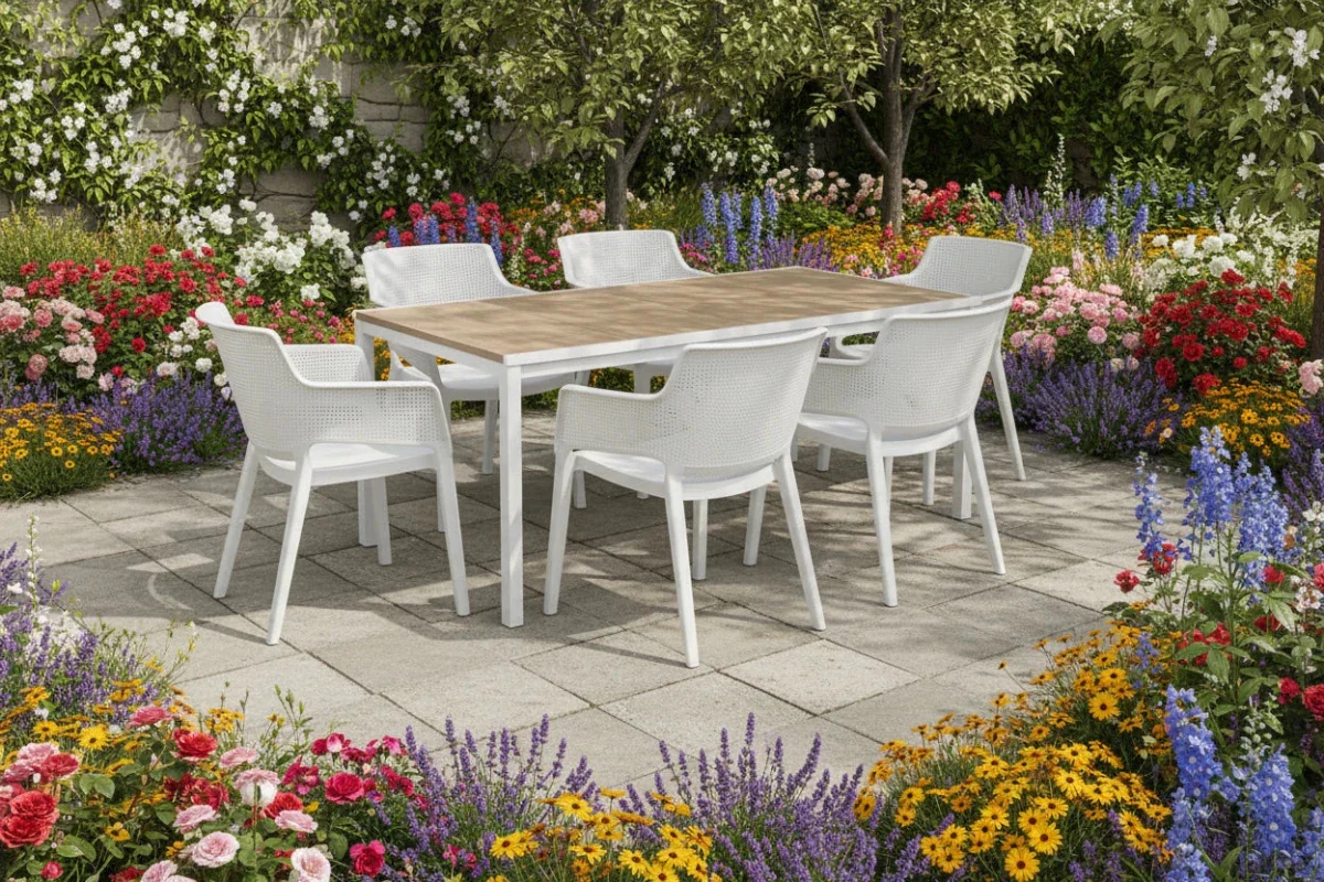 Set da giardino bianco con tavolo effetto legno Porto e 6 poltrone Elisa | KETER - Image 5