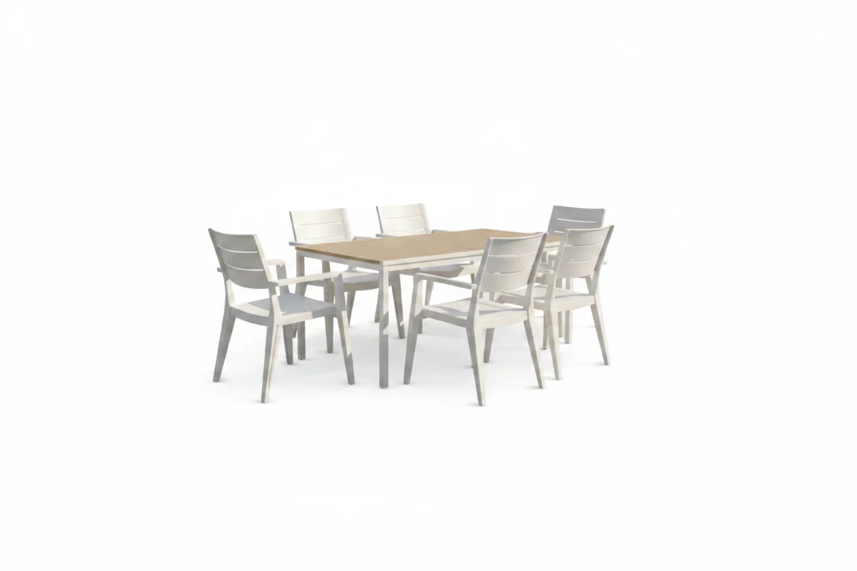 Set da giardino bianco con tavolo effetto legno Porto e 6 sedie Julie | Keter