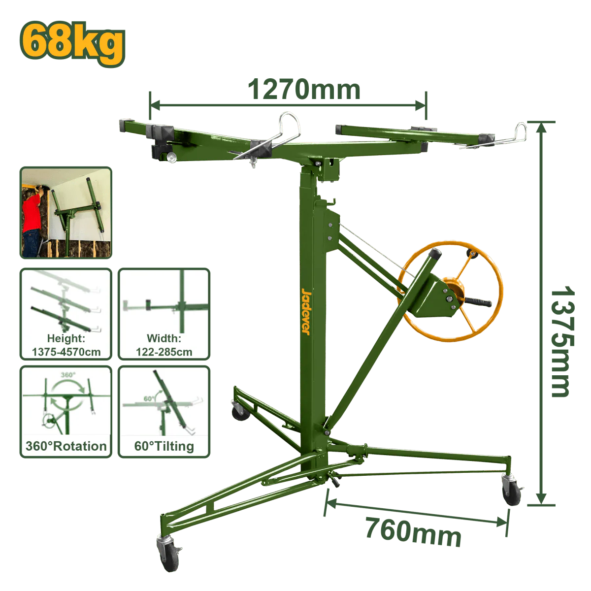 Sollevatore per Cartongesso Jadever 68 kg con Rotazione 360°