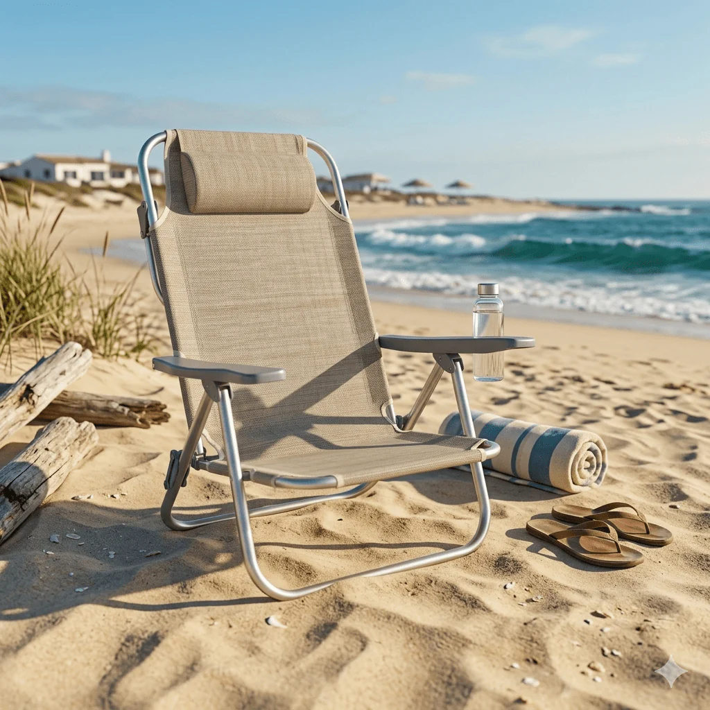 Coppia di spiaggine da mare pieghevoli PRO in alluminio beige con poggiatesta | Xone - Image 2