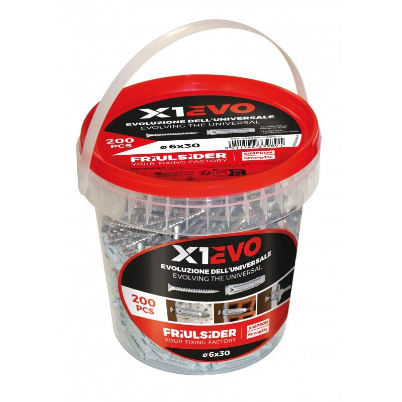 Tasselli universali X1 Evo 6x30 con viti in secchiello da 200 pezzi
