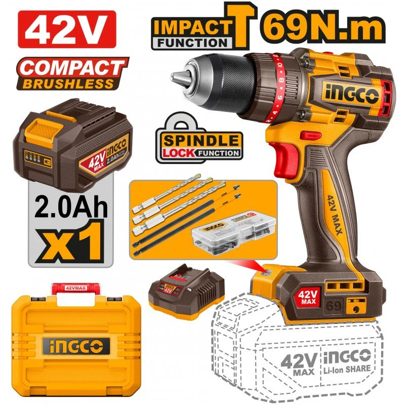 Trapano a Percussione Brushless 42V Con batteria, valigetta e accessori