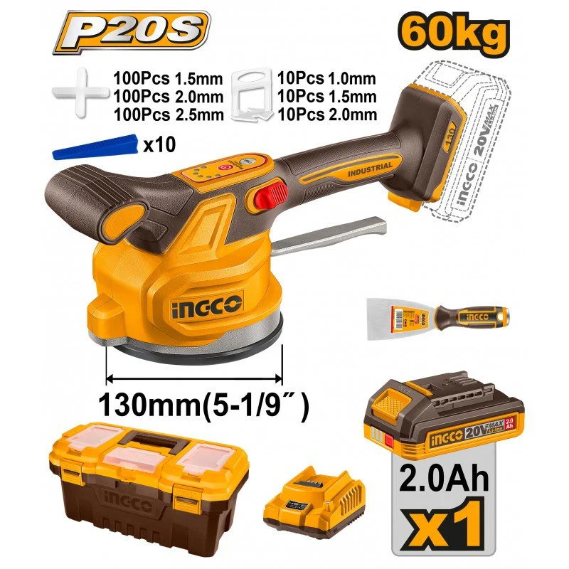 Ventosa Vibrante a Batteria 130 mm 60 kg con Batteria, Caricabatterie e Accessori – P20S 20V